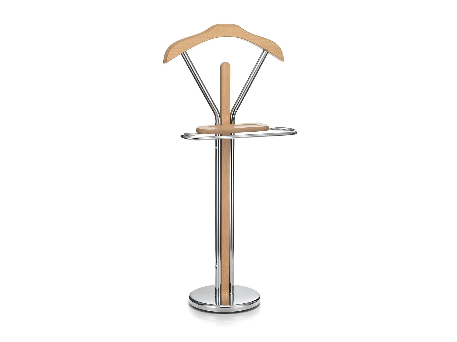 Valet de chambre GREGOR chevalet de nuit portant pour vêtements, structure en métal chromé et finition en MDF couleur hêtre