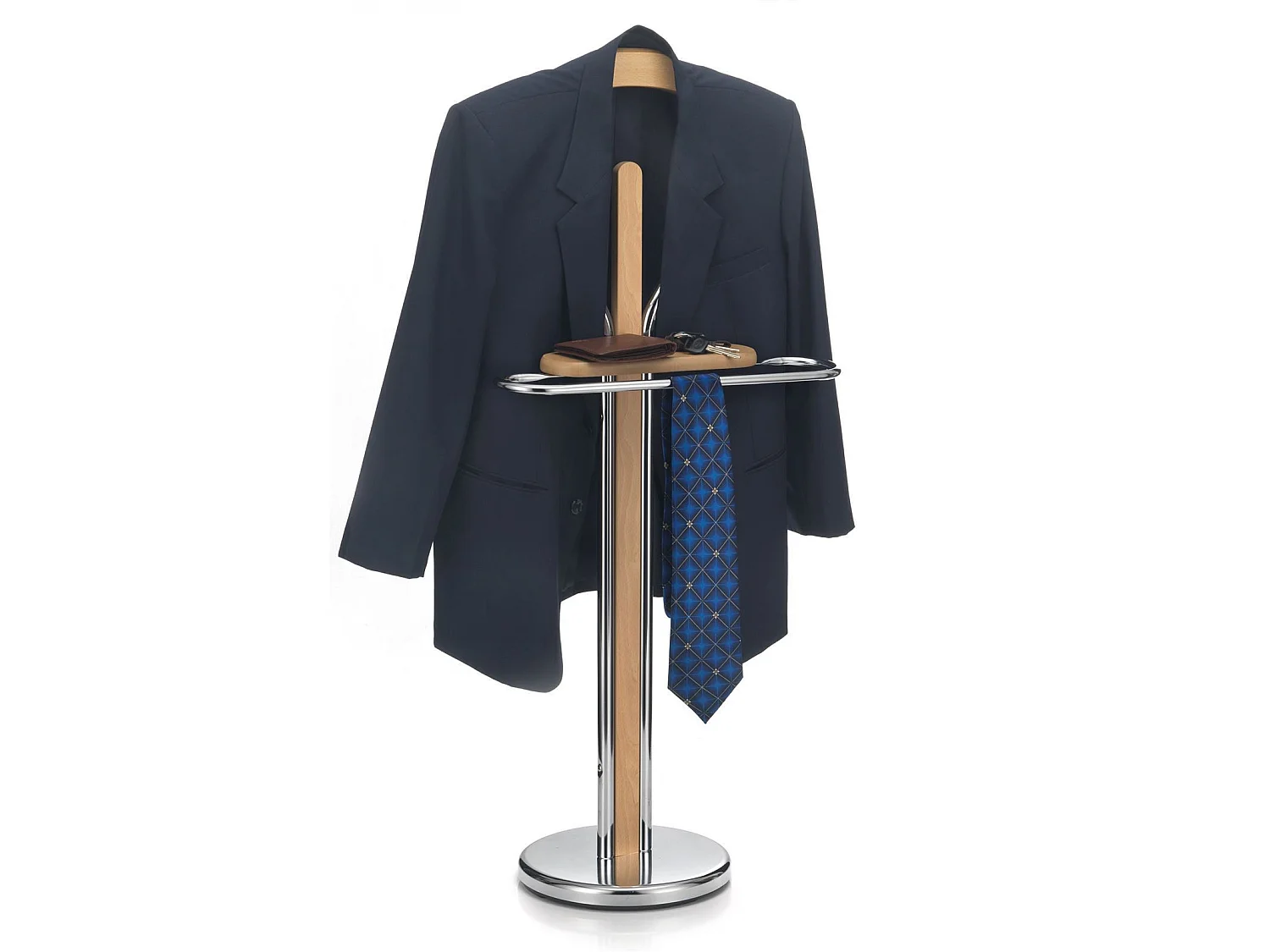 Valet de chambre GREGOR chevalet de nuit portant pour vêtements, structure en métal chromé et finition en MDF couleur hêtre