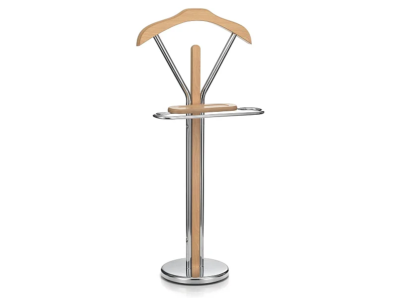 Valet de chambre GREGOR chevalet de nuit portant pour vêtements, structure en métal chromé et finition en MDF couleur hêtre
