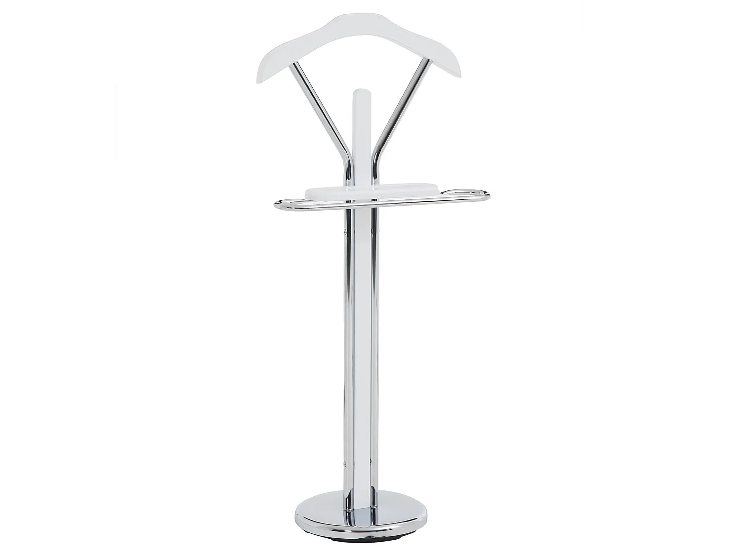 Valet de chambre GREGOR chevalet de nuit portant pour vêtements, structure en métal chromé et finition en MDF blanc mat