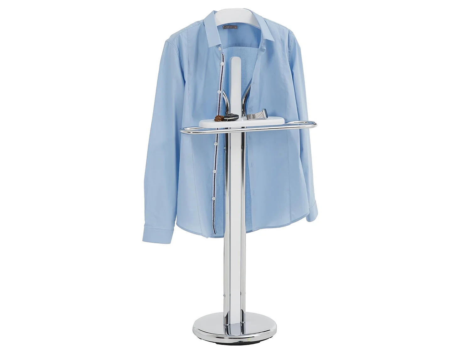 Valet de chambre GREGOR chevalet de nuit portant pour vêtements, structure en métal chromé et finition en MDF blanc mat