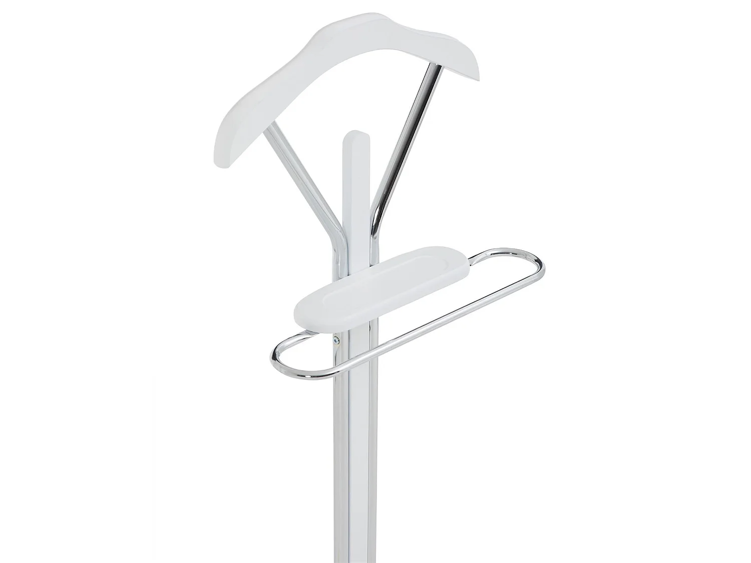 Valet de chambre GREGOR chevalet de nuit portant pour vêtements, structure en métal chromé et finition en MDF blanc mat