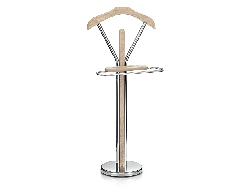 Valet de chambre GREGOR chevalet de nuit portant pour vêtements, structure en métal chromé et finition en MDF décor chêne sonoma