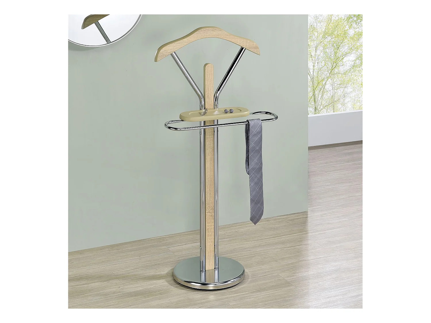 Valet de chambre GREGOR chevalet de nuit portant pour vêtements, structure en métal chromé et finition en MDF décor chêne sonoma