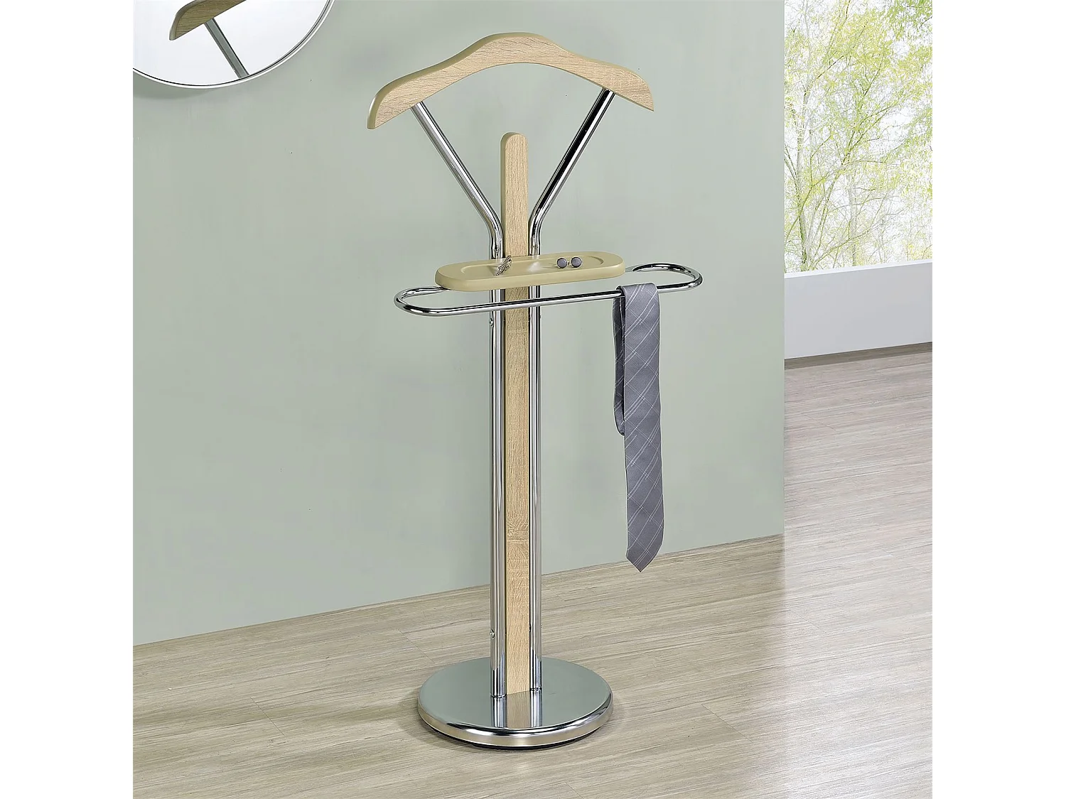 Valet de chambre GREGOR chevalet de nuit portant pour vêtements, structure en métal chromé et finition en MDF décor chêne sonoma