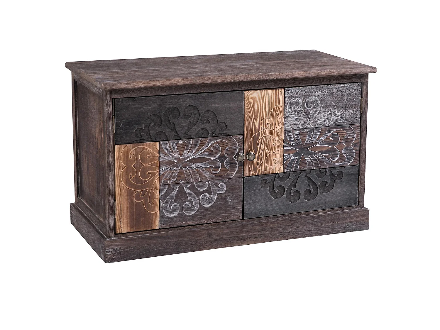 Banc de rangement MARA meuble à chaussures coffre avec 2 portes, en bois de paulownia brun gris style vintage ethnique bohême