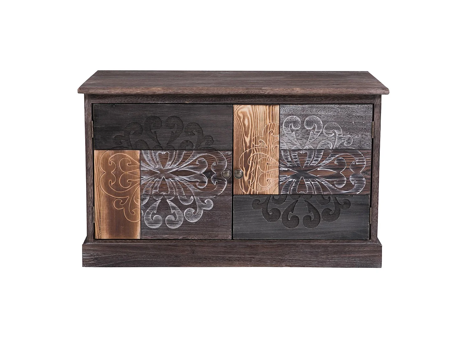 Banc de rangement MARA meuble à chaussures coffre avec 2 portes, en bois de paulownia brun gris style vintage ethnique bohême