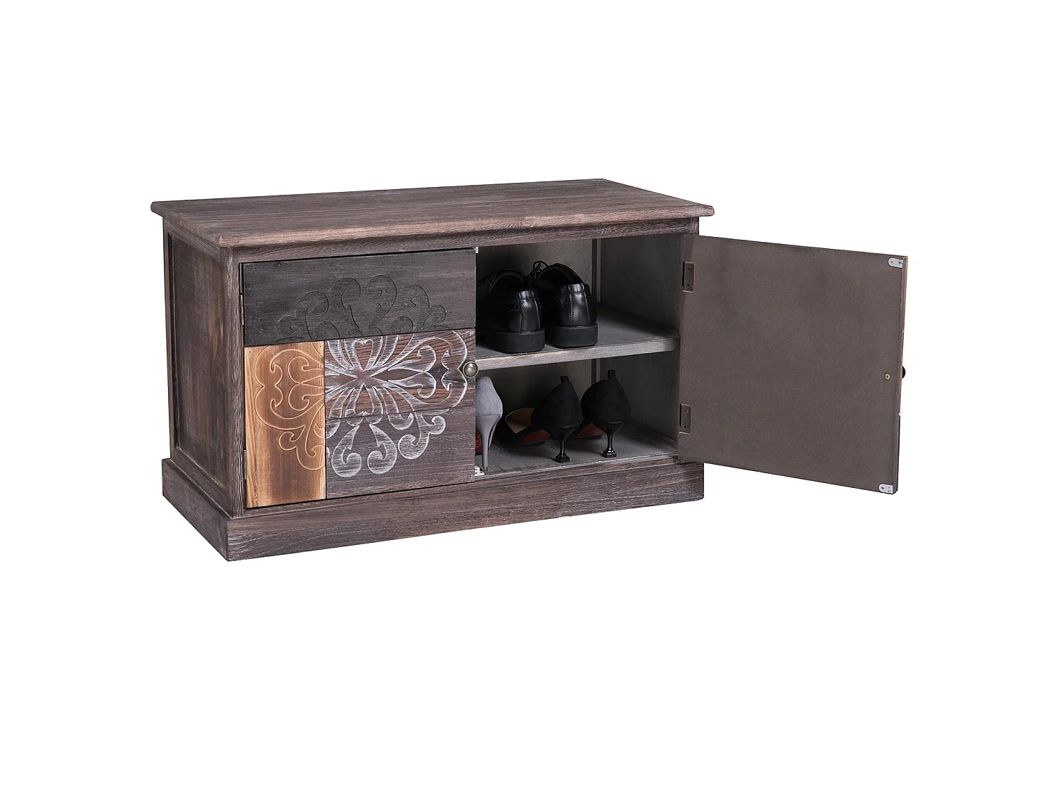 Banc de rangement MARA meuble à chaussures coffre avec 2 portes, en bois de paulownia brun gris style vintage ethnique bohême