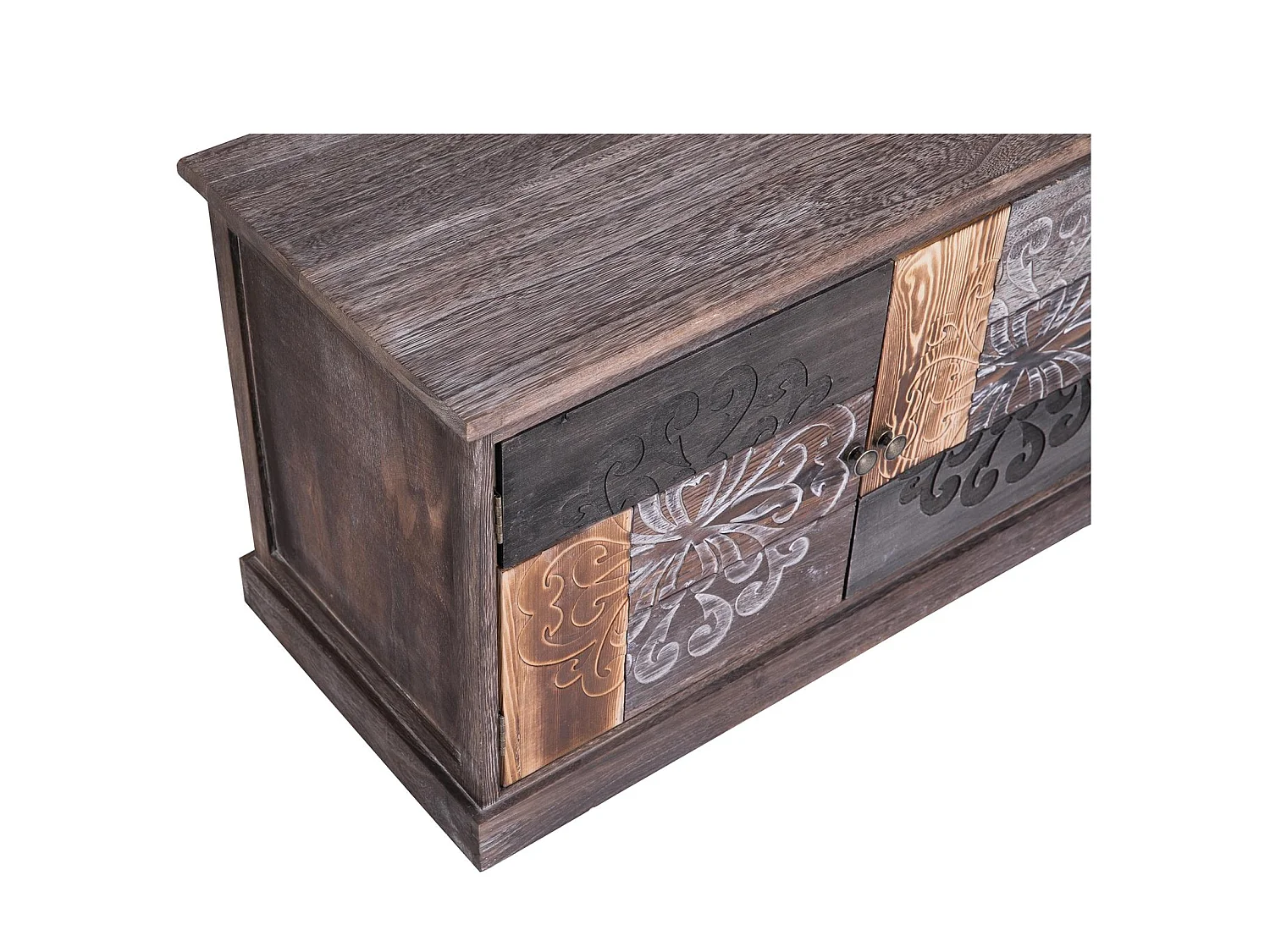 Banc de rangement MARA meuble à chaussures coffre avec 2 portes, en bois de paulownia brun gris style vintage ethnique bohême