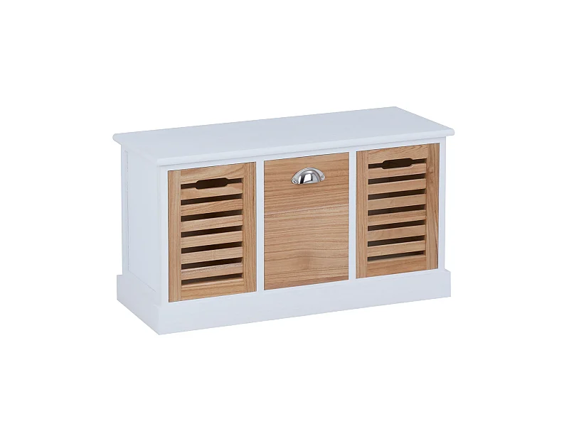 Banc de rangement TRIENT meuble bas coffre et 3 caisses de rangement, en MDF et bois de paulownia blanc/naturel