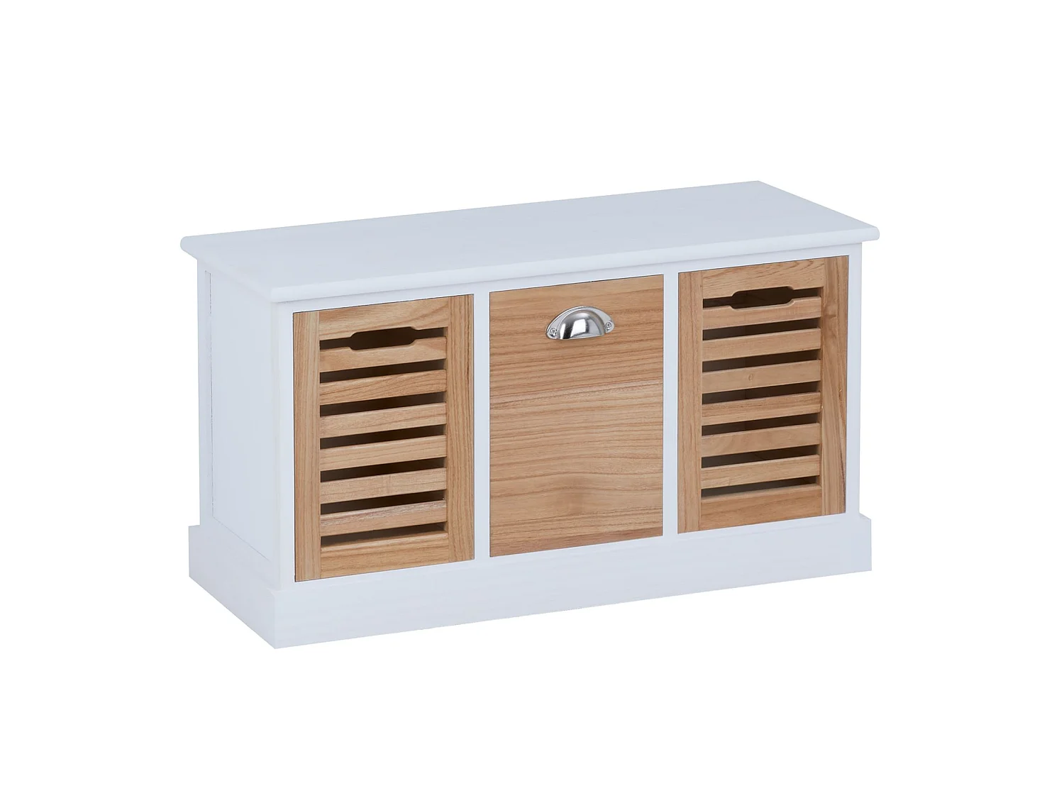 Banc de rangement TRIENT meuble bas coffre et 3 caisses de rangement, en MDF et bois de paulownia blanc/naturel