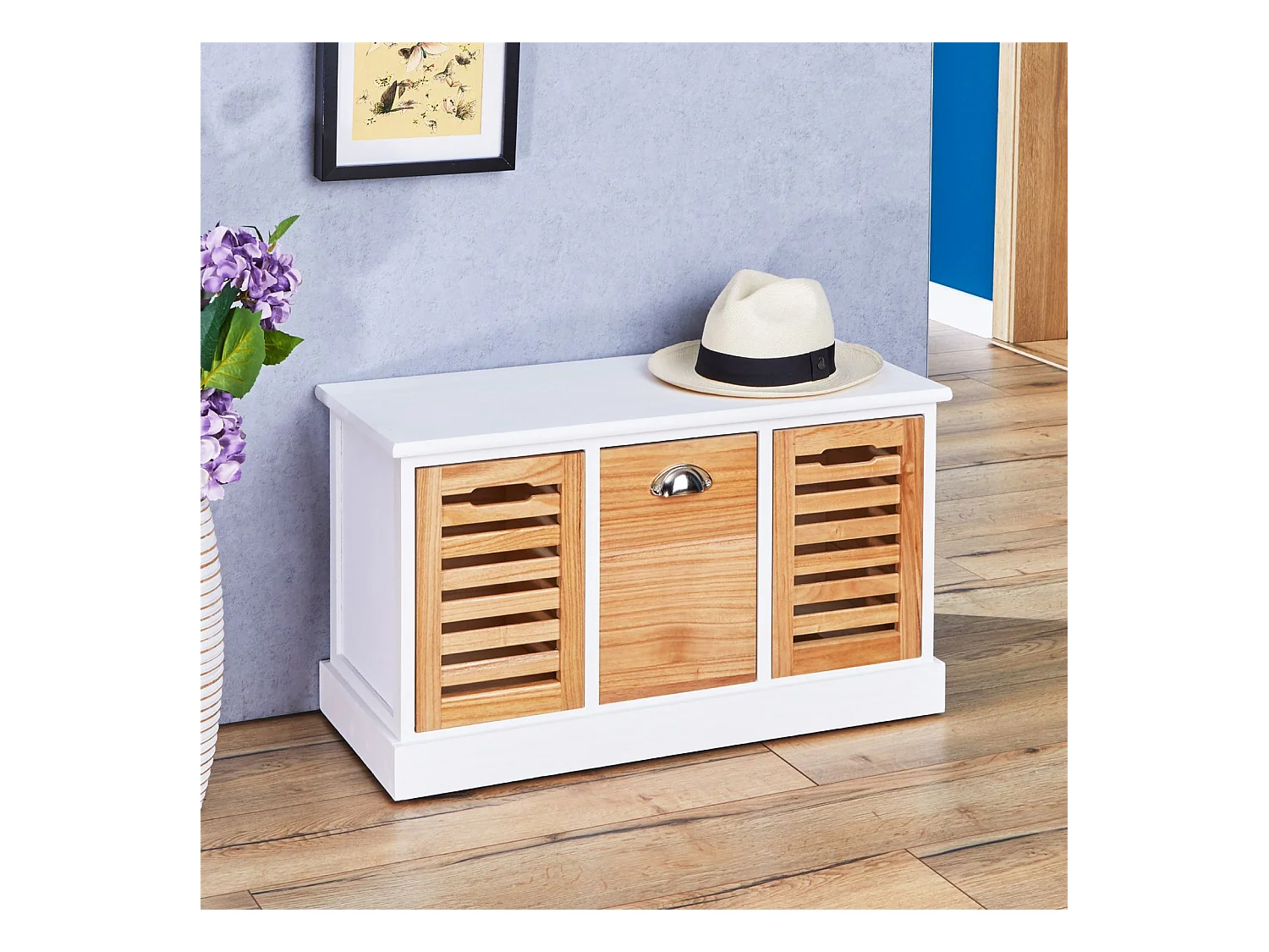 Banc de rangement TRIENT meuble bas coffre et 3 caisses de rangement, en MDF et bois de paulownia blanc/naturel