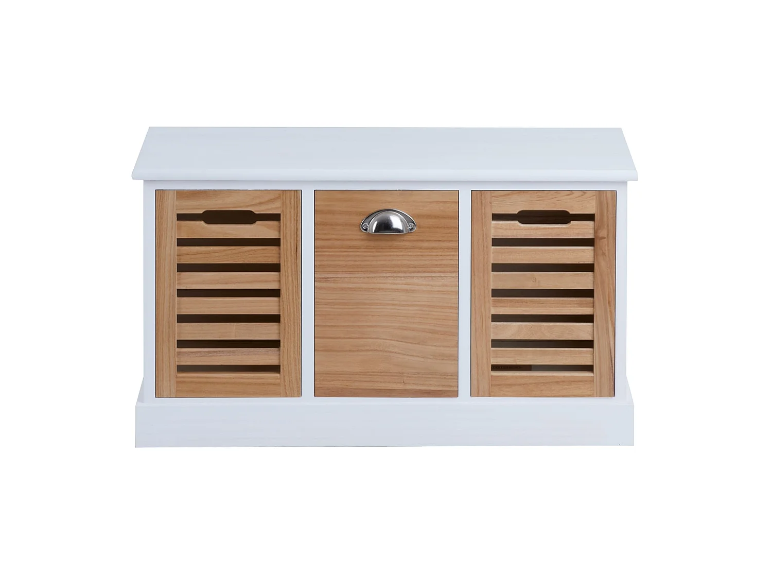 Banc de rangement TRIENT meuble bas coffre et 3 caisses de rangement, en MDF et bois de paulownia blanc/naturel