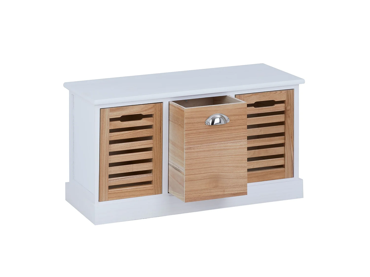 Banc de rangement TRIENT meuble bas coffre et 3 caisses de rangement, en MDF et bois de paulownia blanc/naturel