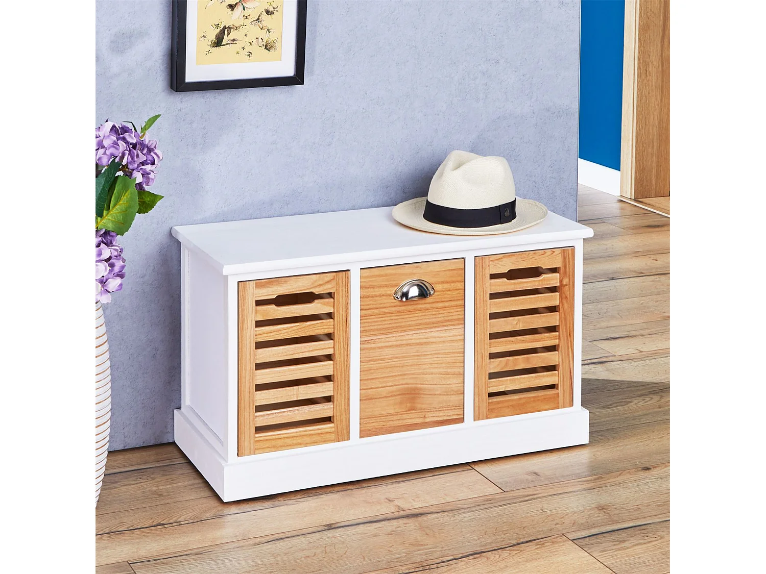 Banc de rangement TRIENT meuble bas coffre et 3 caisses de rangement, en MDF et bois de paulownia blanc/naturel