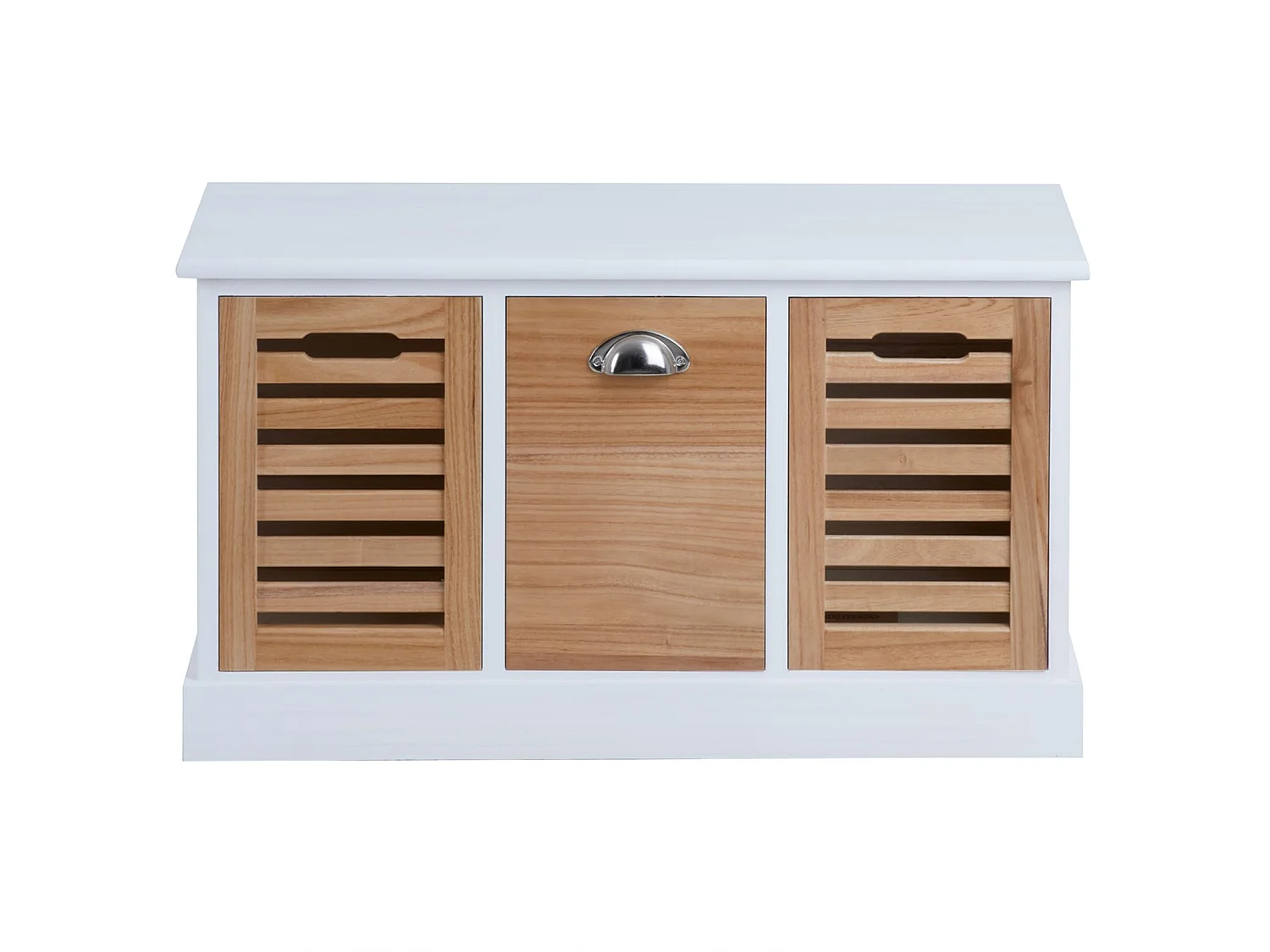 Banc de rangement TRIENT meuble bas coffre et 3 caisses de rangement, en MDF et bois de paulownia blanc/naturel