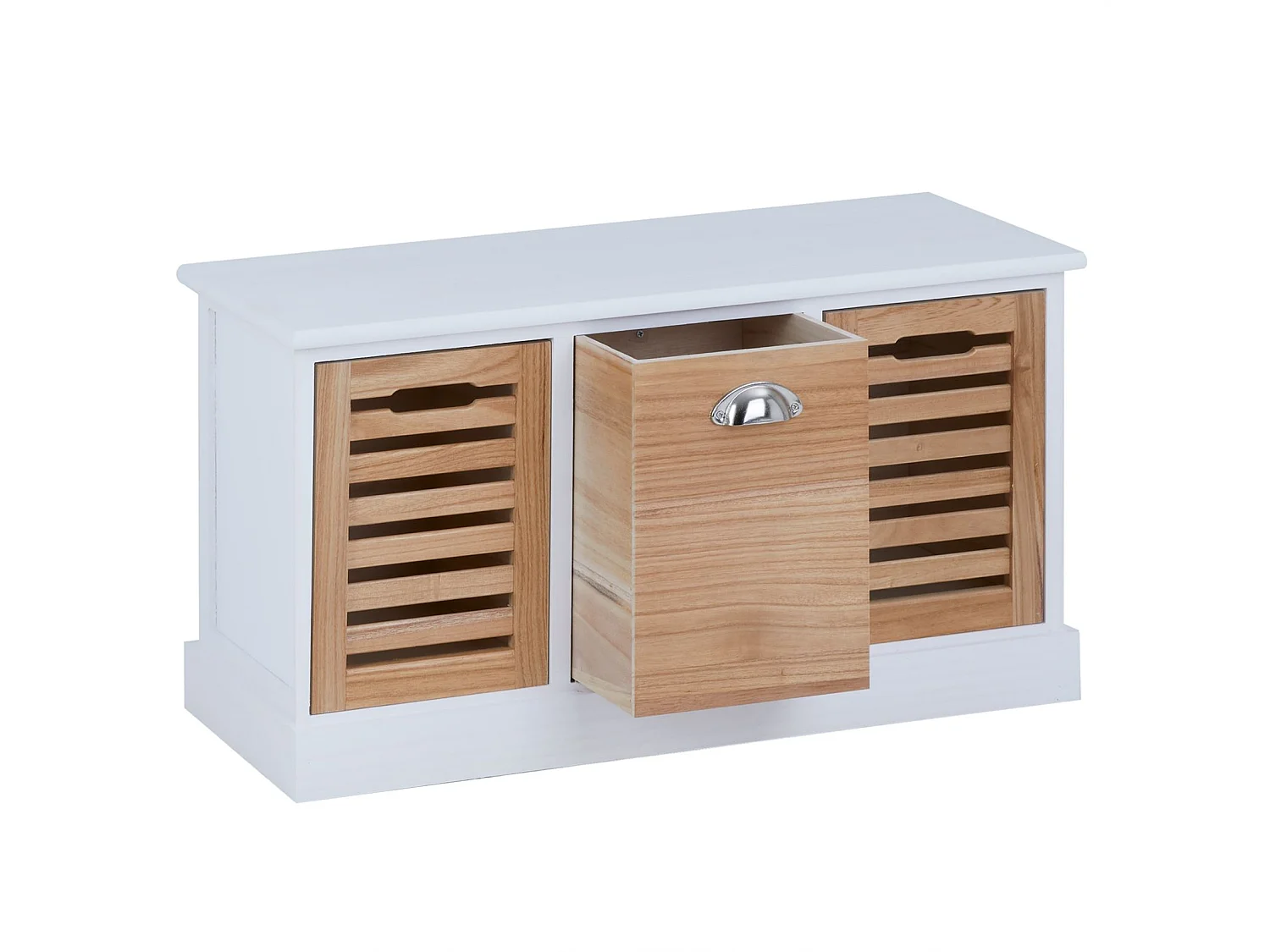 Banc de rangement TRIENT meuble bas coffre et 3 caisses de rangement, en MDF et bois de paulownia blanc/naturel