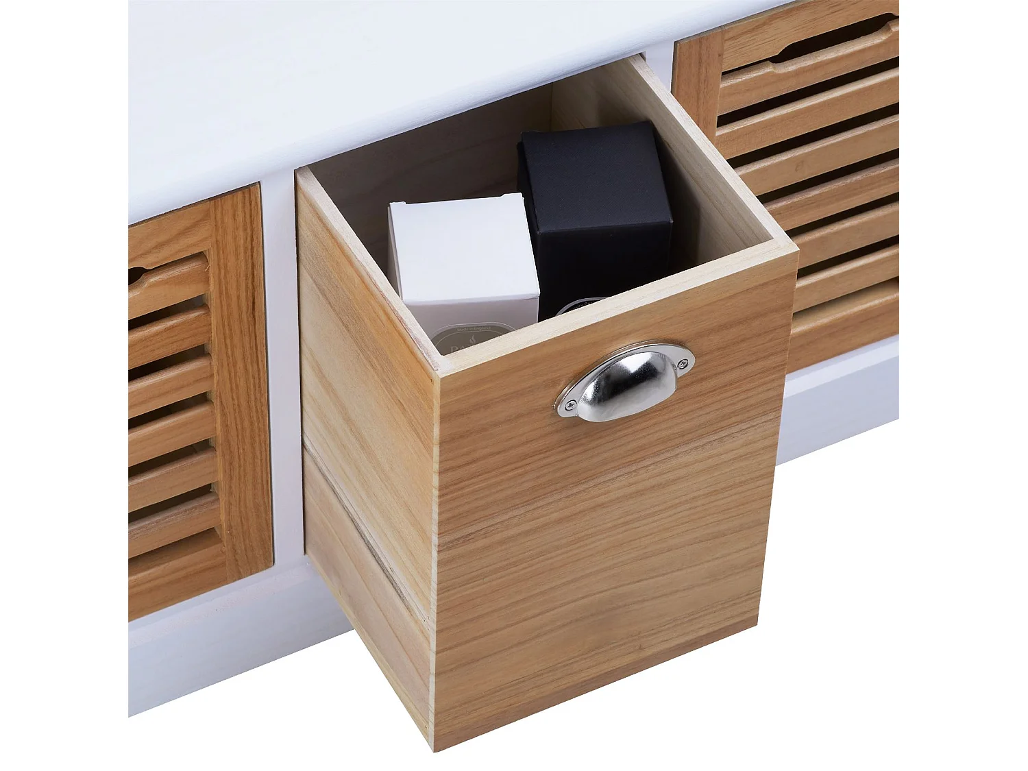 Banc de rangement TRIENT meuble bas coffre et 3 caisses de rangement, en MDF et bois de paulownia blanc/naturel