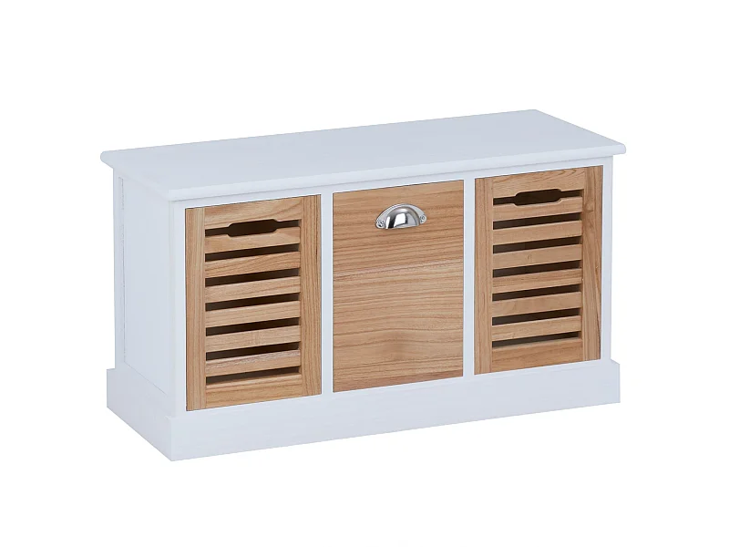Banc de rangement TRIENT meuble bas coffre et 3 caisses de rangement, en MDF et bois de paulownia blanc/naturel