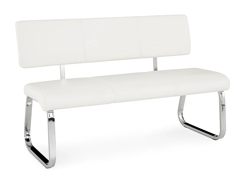 Banc design VILAS siège avec 3 places, banquette au piètement chromé et dossier au revêtement synthétique blanc