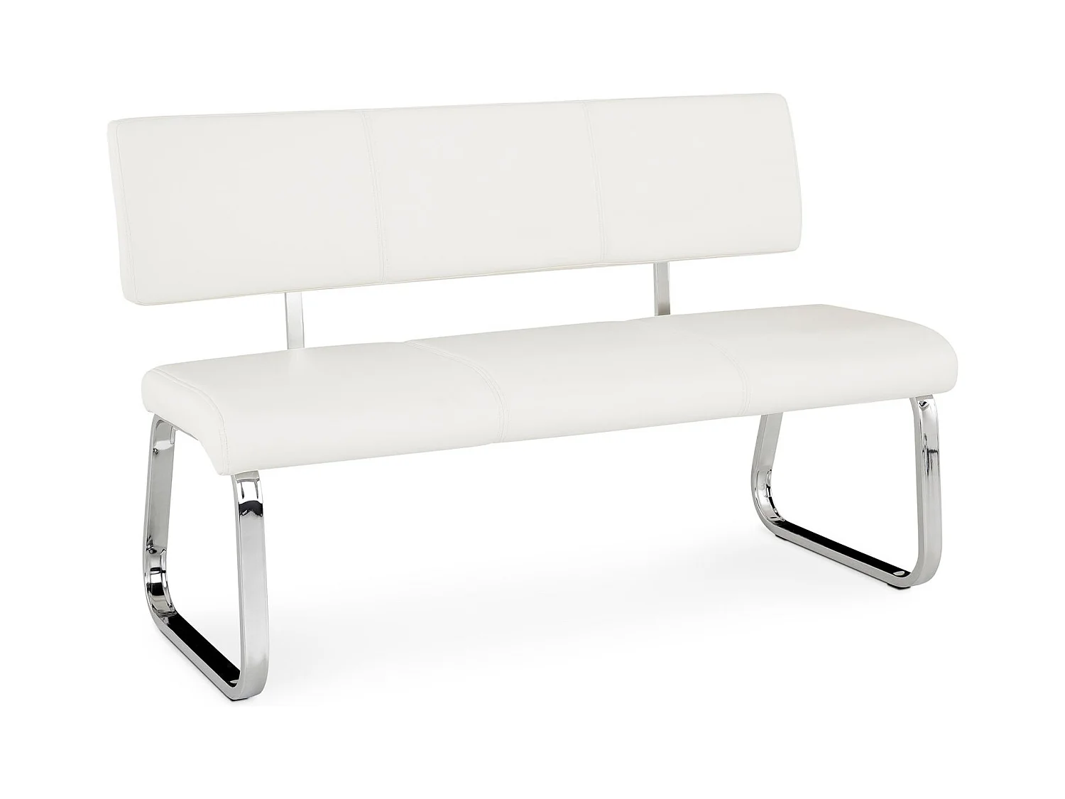 Banc design VILAS siège avec 3 places, banquette au piètement chromé et dossier au revêtement synthétique blanc