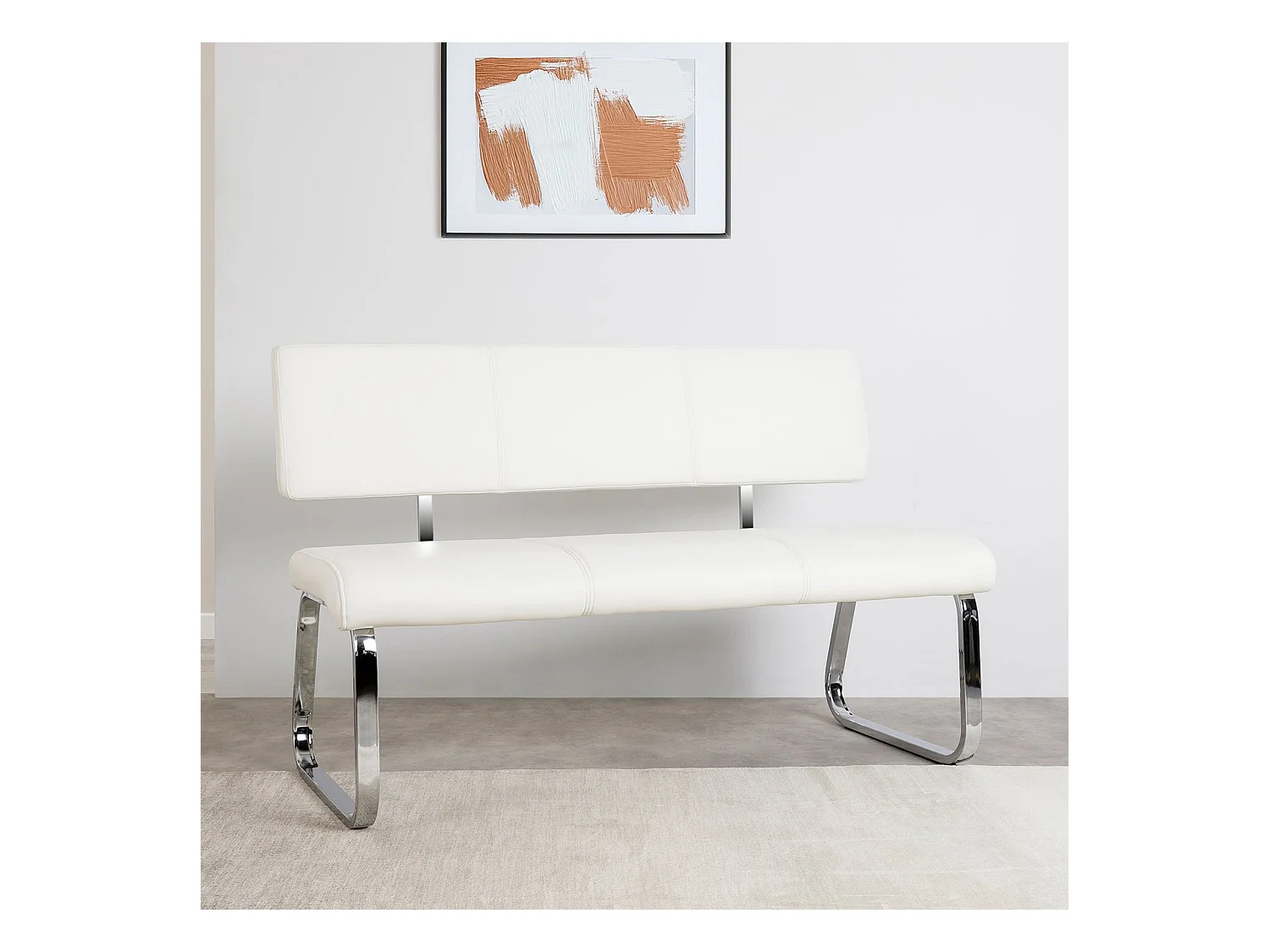 Banc design VILAS siège avec 3 places, banquette au piètement chromé et dossier au revêtement synthétique blanc
