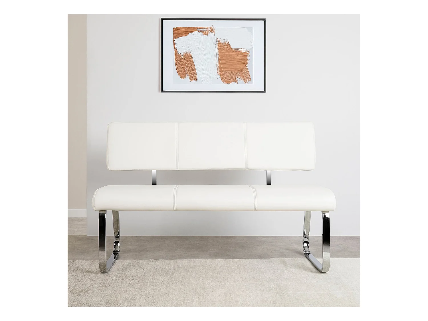 Banc design VILAS siège avec 3 places, banquette au piètement chromé et dossier au revêtement synthétique blanc