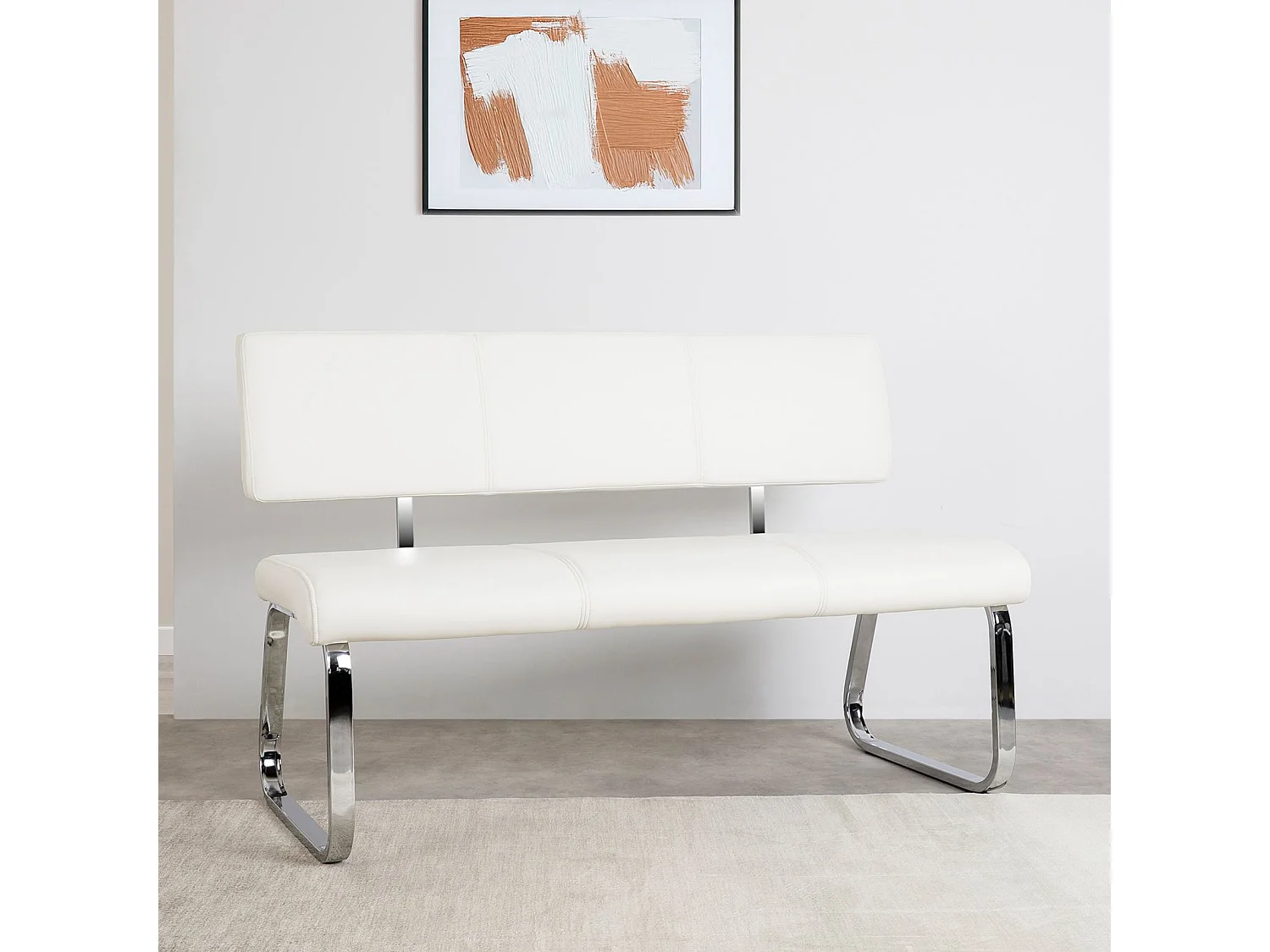 Banc design VILAS siège avec 3 places, banquette au piètement chromé et dossier au revêtement synthétique blanc