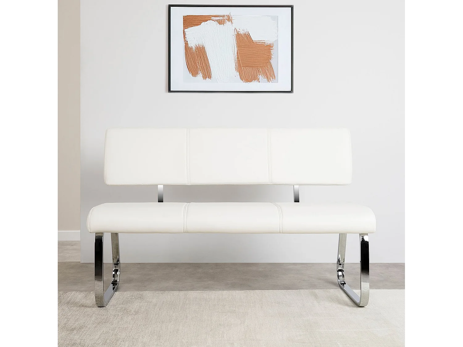 Banc design VILAS siège avec 3 places, banquette au piètement chromé et dossier au revêtement synthétique blanc