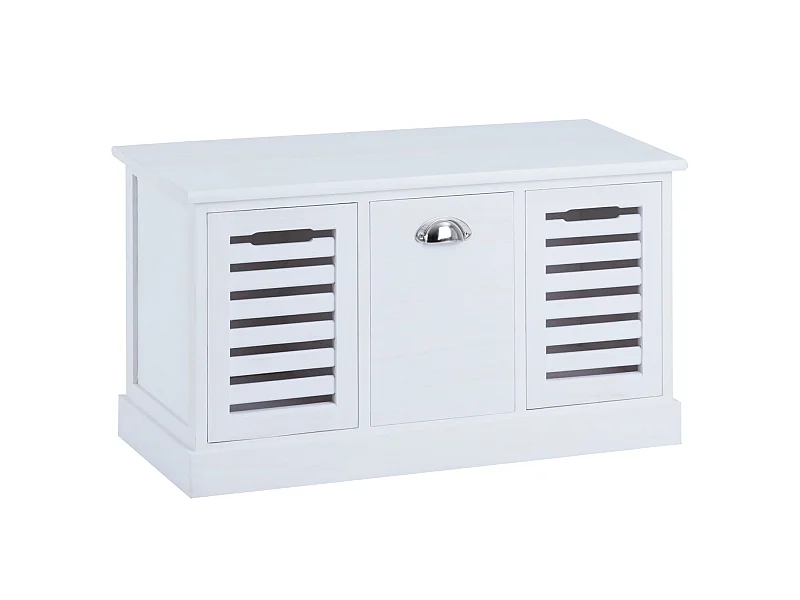 Banc de rangement TRIENT meuble bas coffre et 3 caisses de rangement, en MDF et bois de paulownia blanc