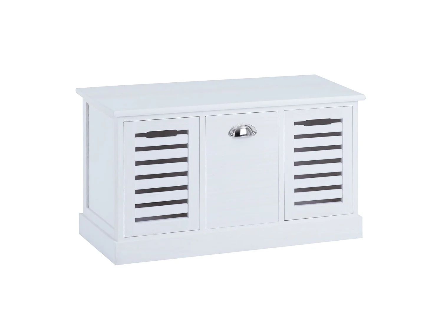 Banc de rangement TRIENT meuble bas coffre et 3 caisses de rangement, en MDF et bois de paulownia blanc