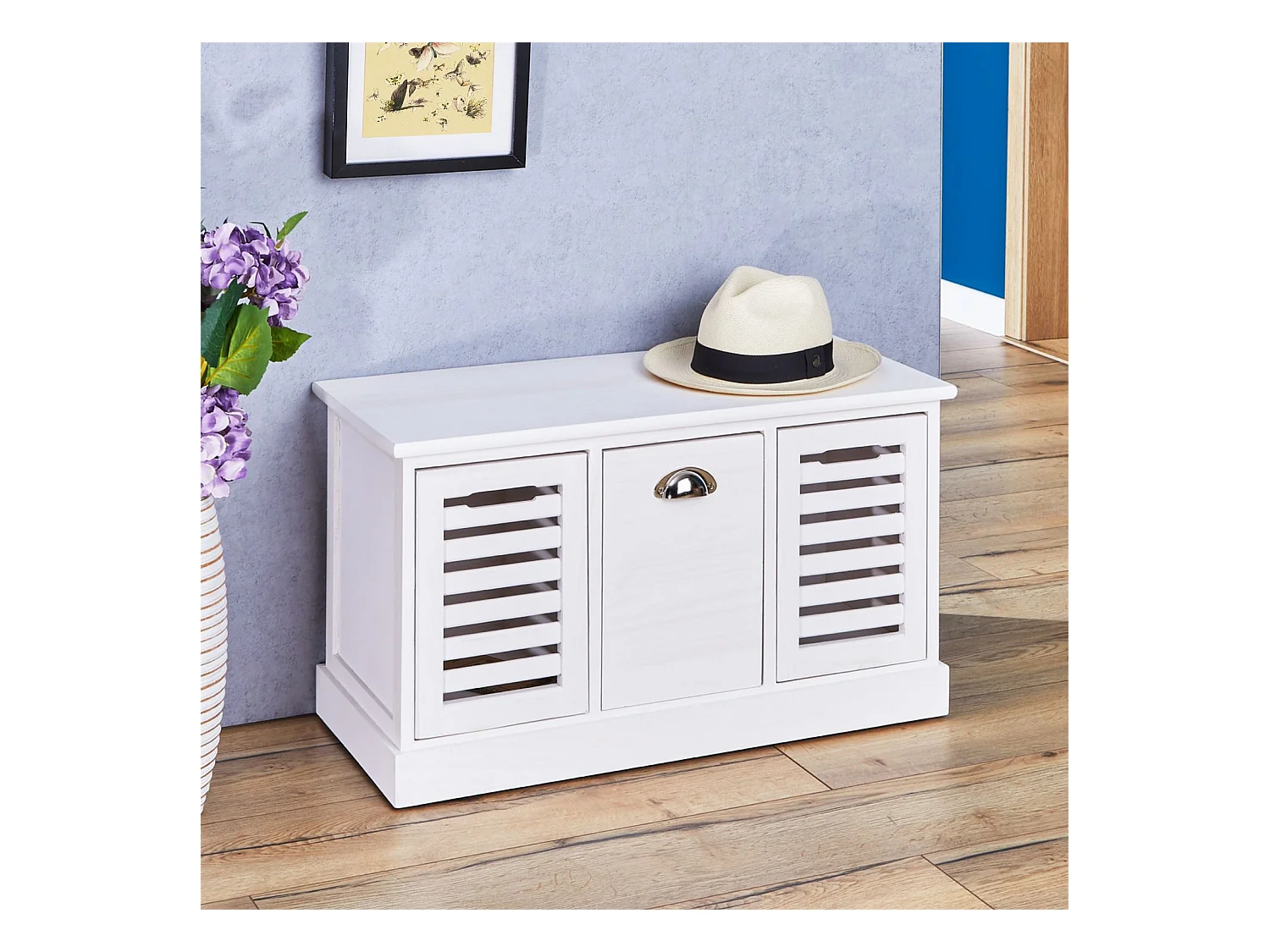 Banc de rangement TRIENT meuble bas coffre et 3 caisses de rangement, en MDF et bois de paulownia blanc