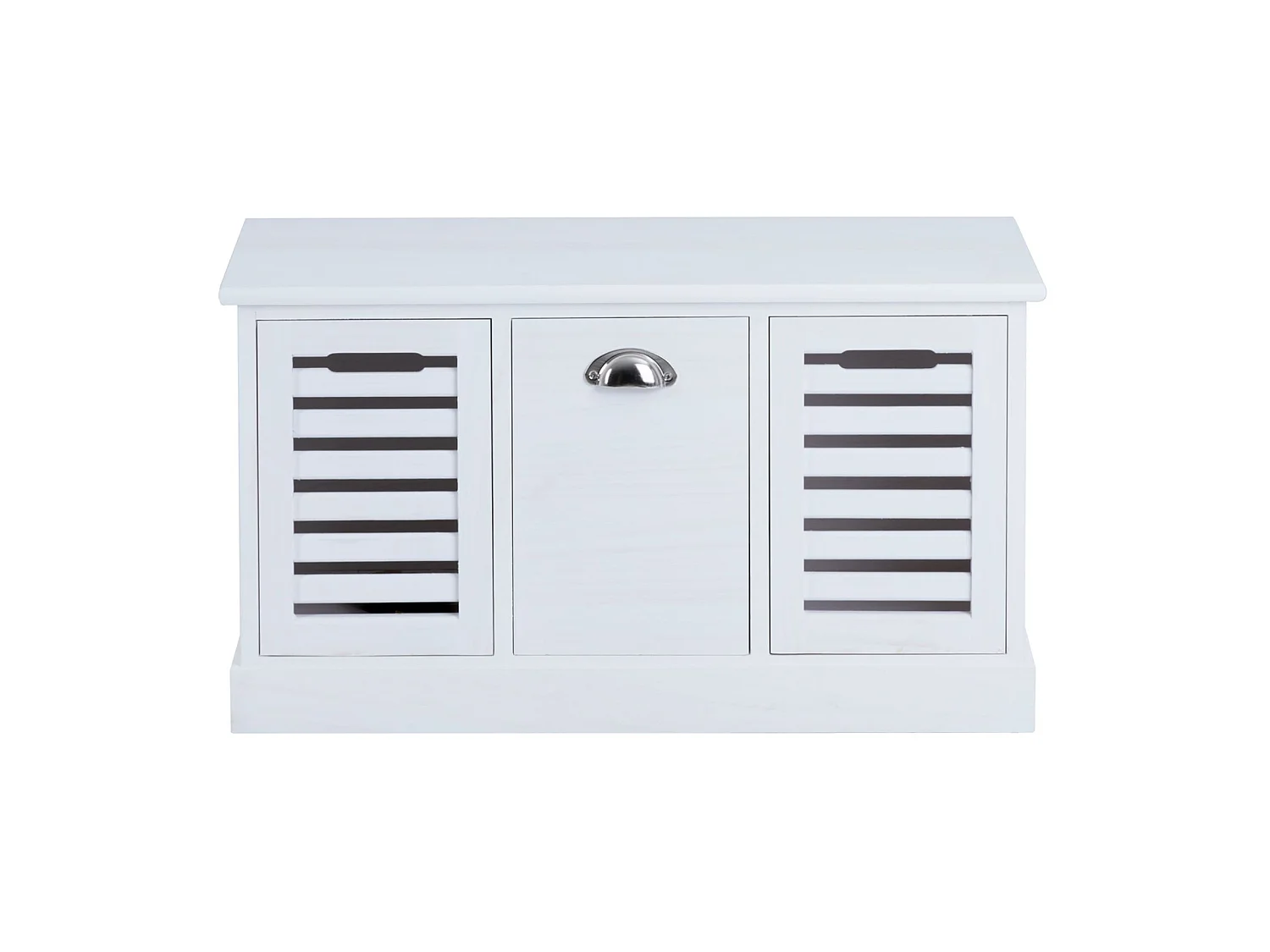 Banc de rangement TRIENT meuble bas coffre et 3 caisses de rangement, en MDF et bois de paulownia blanc