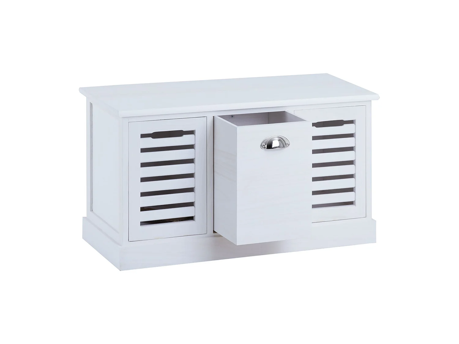 Banc de rangement TRIENT meuble bas coffre et 3 caisses de rangement, en MDF et bois de paulownia blanc