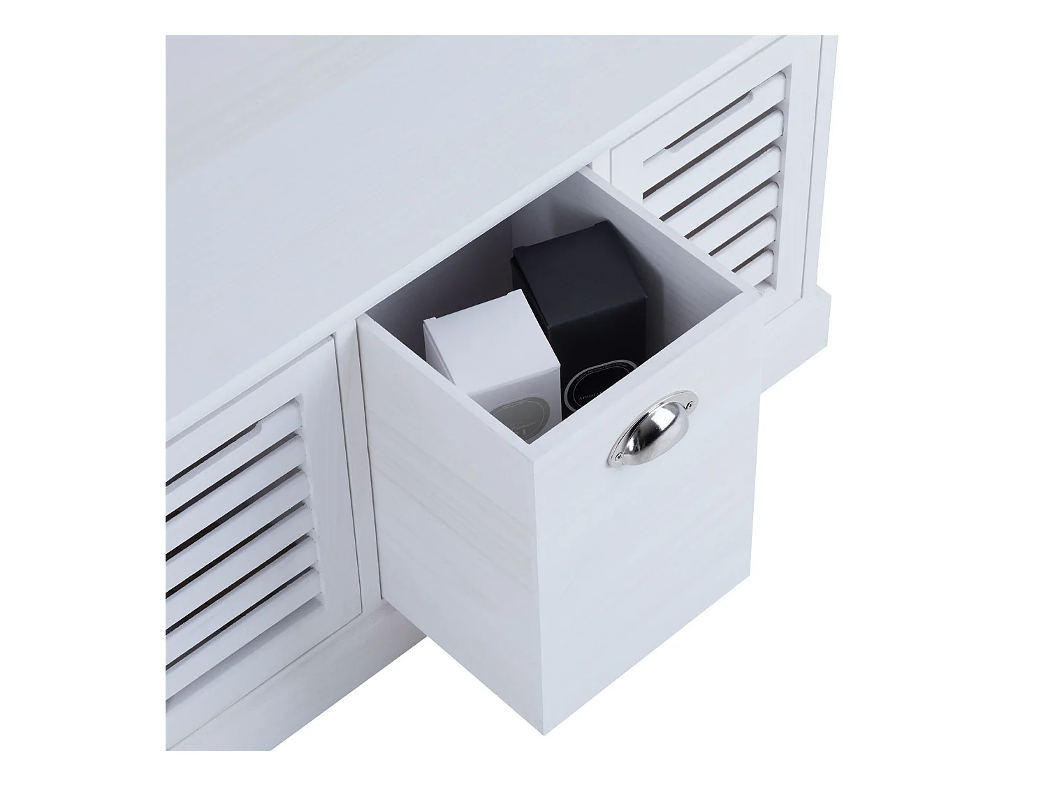 Banc de rangement TRIENT meuble bas coffre et 3 caisses de rangement, en MDF et bois de paulownia blanc