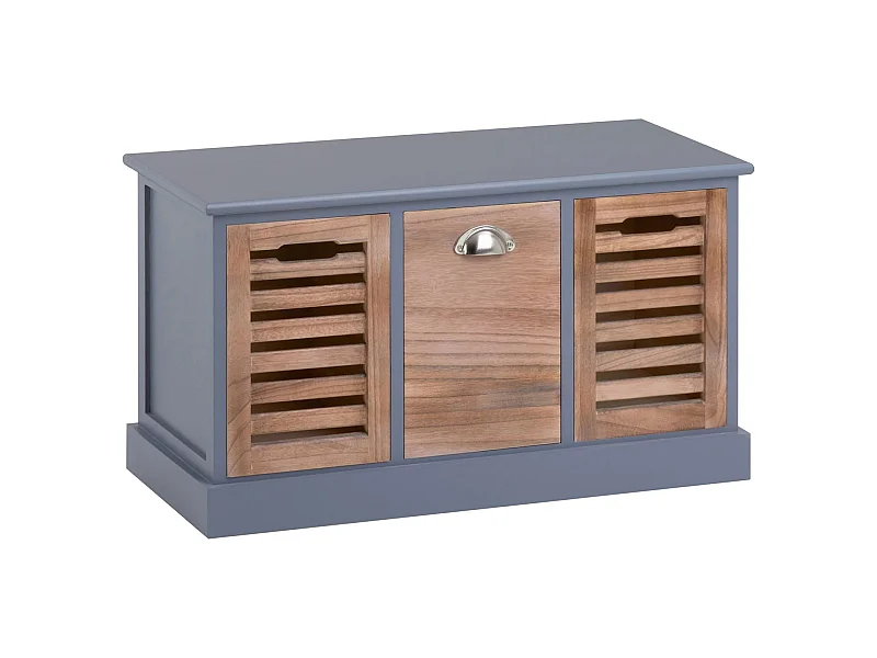 Banc de rangement TRIENT meuble bas coffre avec 3 caisses, en MDF et bois de paulownia gris/naturel