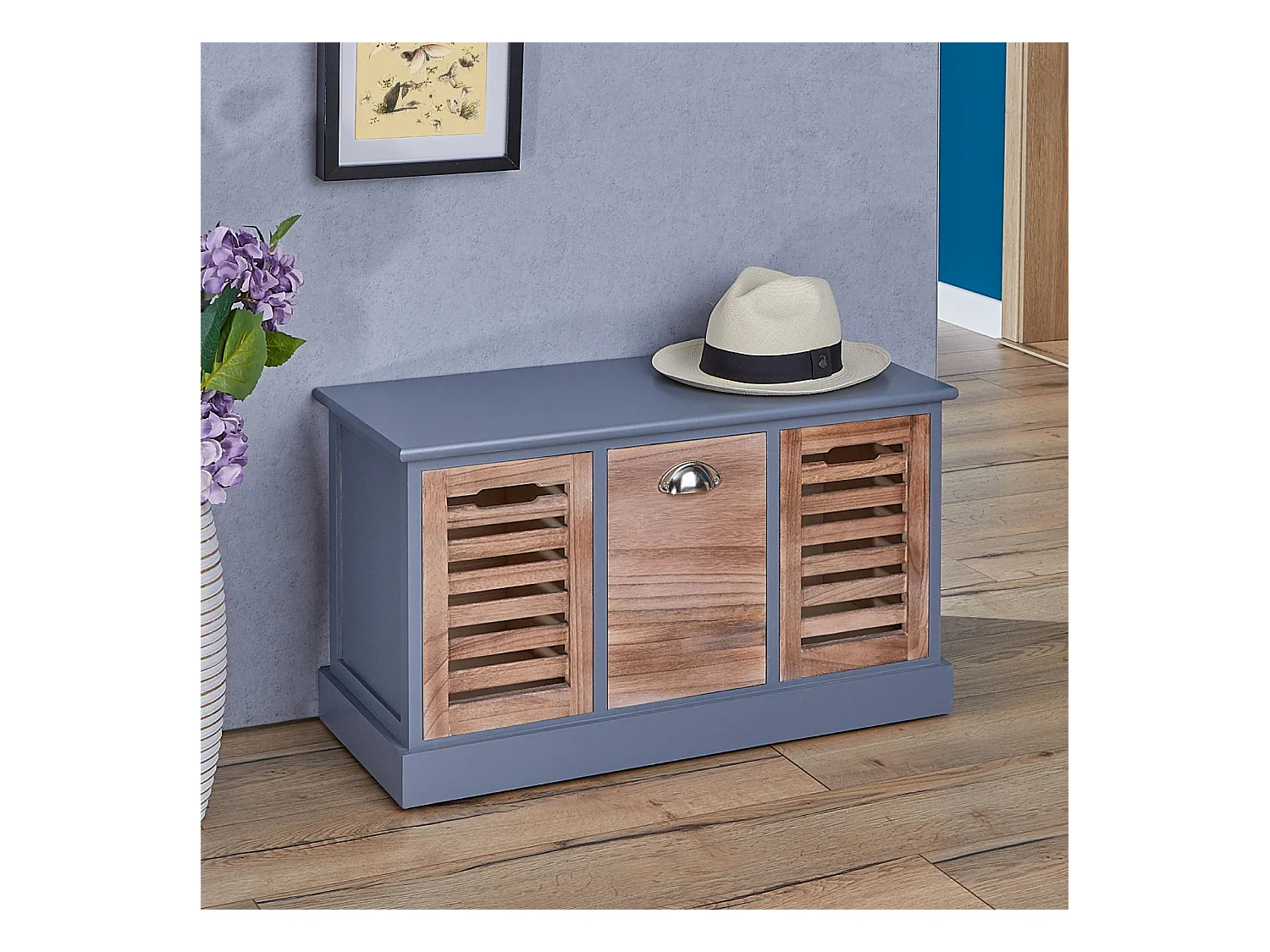 Banc de rangement TRIENT meuble bas coffre avec 3 caisses, en MDF et bois de paulownia gris/naturel