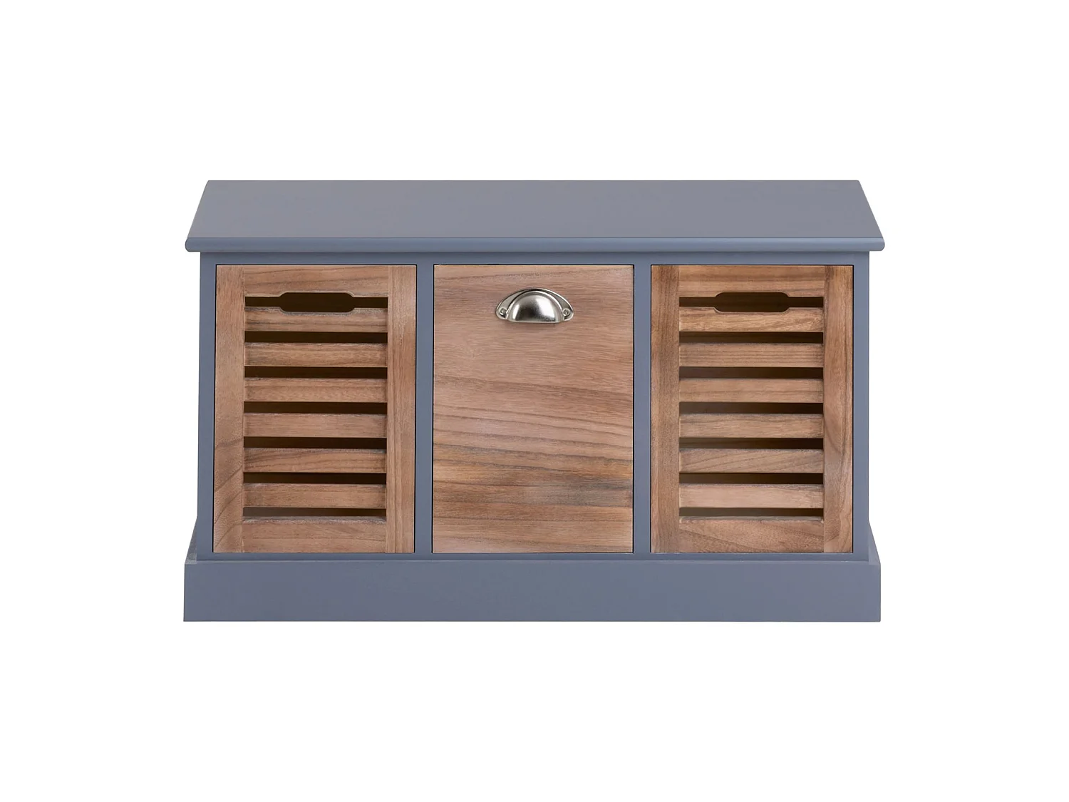 Banc de rangement TRIENT meuble bas coffre avec 3 caisses, en MDF et bois de paulownia gris/naturel