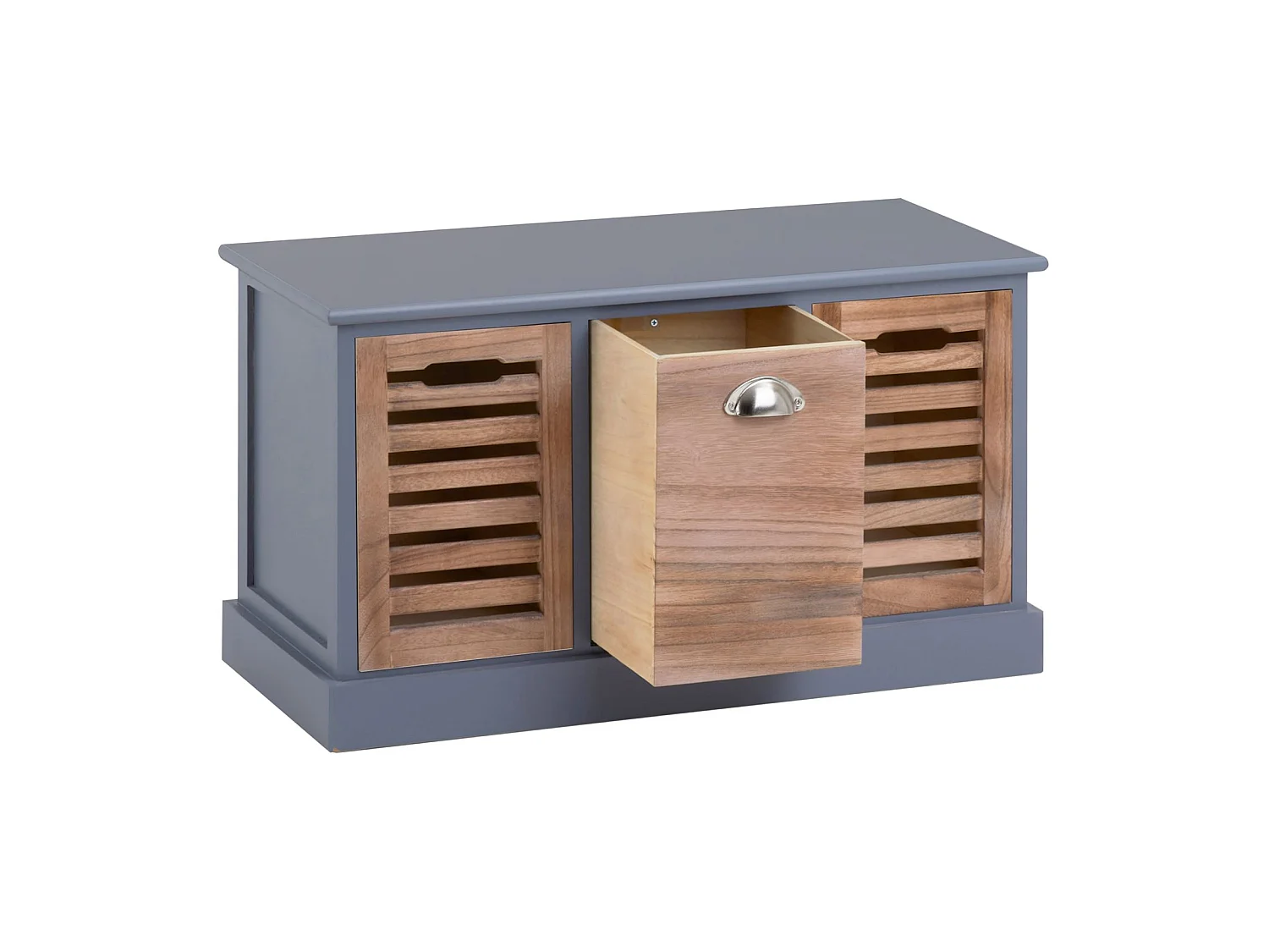 Banc de rangement TRIENT meuble bas coffre avec 3 caisses, en MDF et bois de paulownia gris/naturel