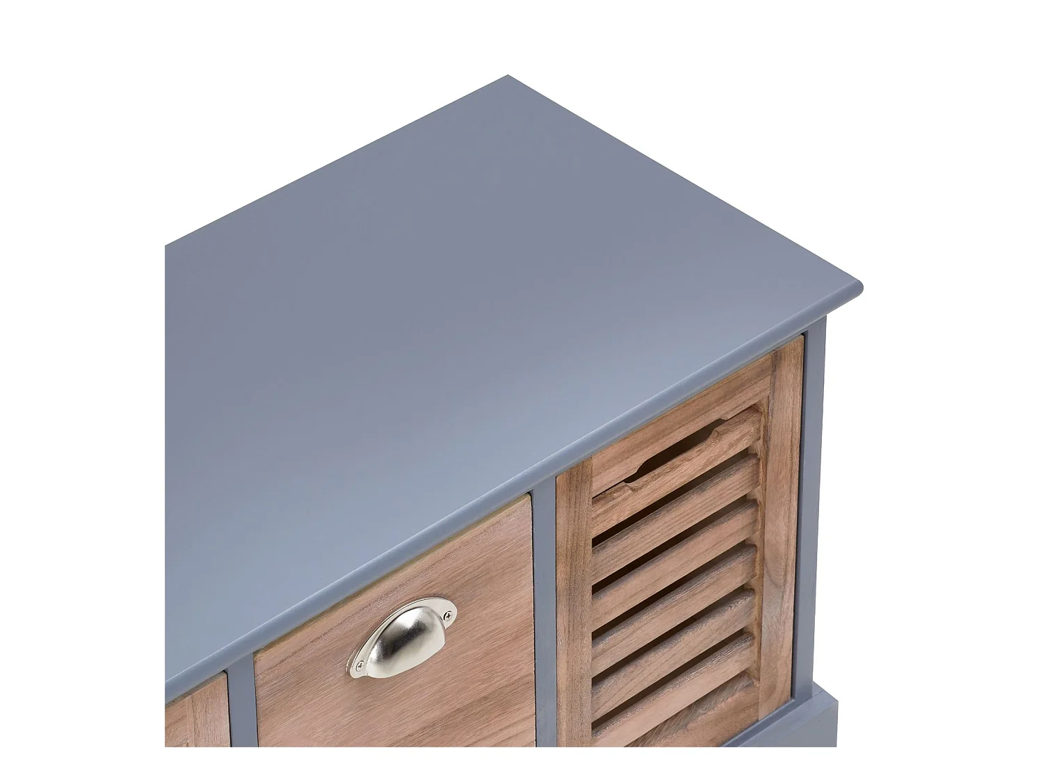 Banc de rangement TRIENT meuble bas coffre avec 3 caisses, en MDF et bois de paulownia gris/naturel