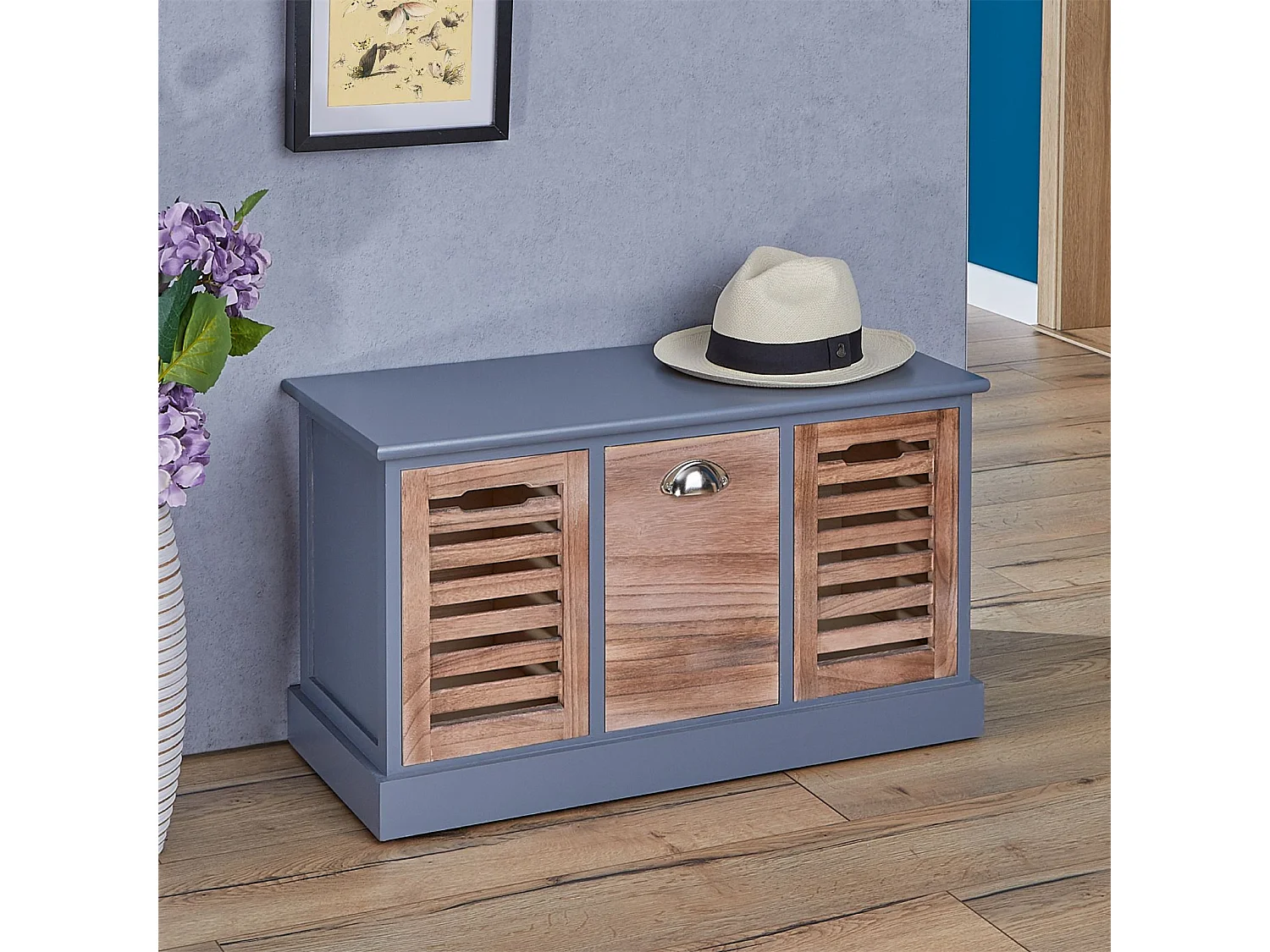 Banc de rangement TRIENT meuble bas coffre avec 3 caisses, en MDF et bois de paulownia gris/naturel