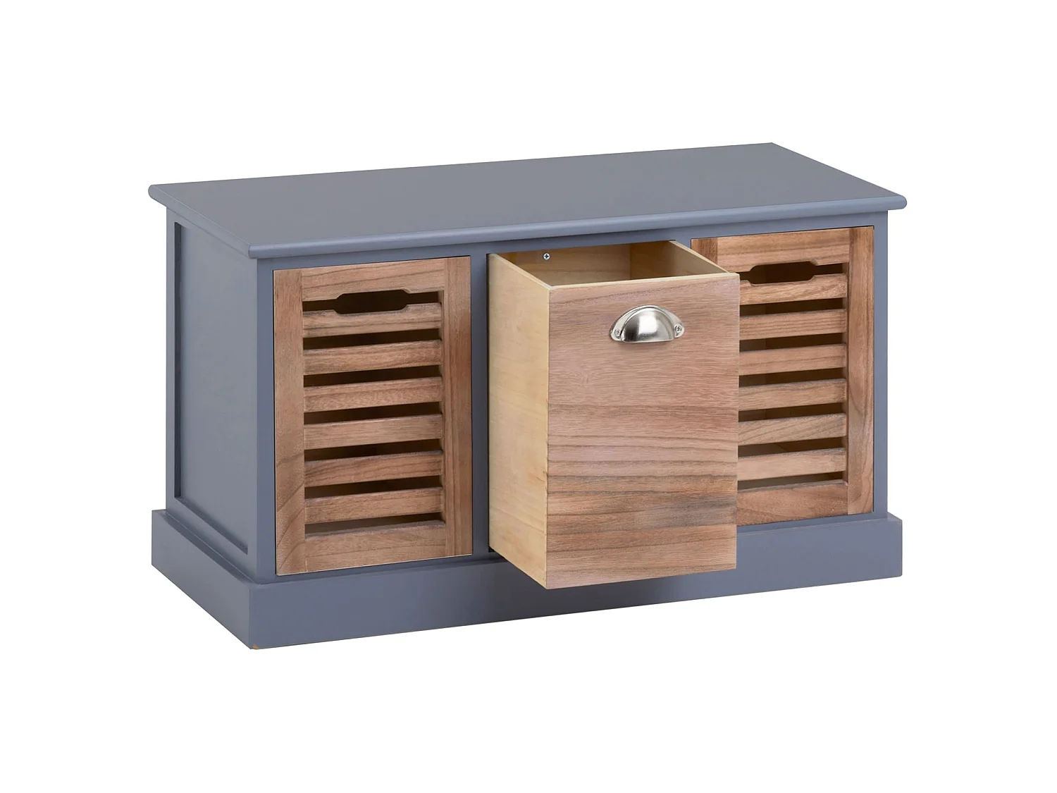 Banc de rangement TRIENT meuble bas coffre avec 3 caisses, en MDF et bois de paulownia gris/naturel