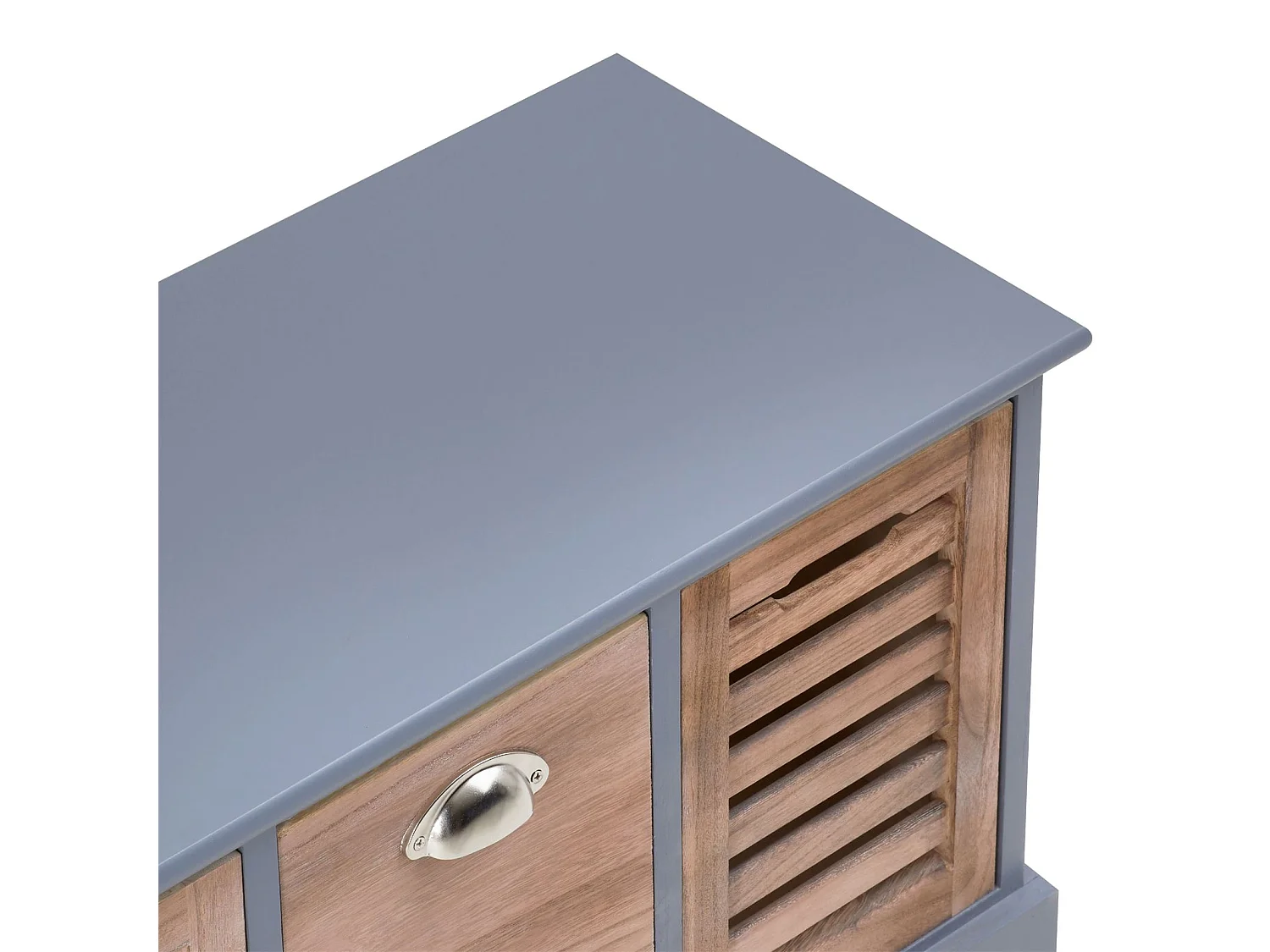 Banc de rangement TRIENT meuble bas coffre avec 3 caisses, en MDF et bois de paulownia gris/naturel