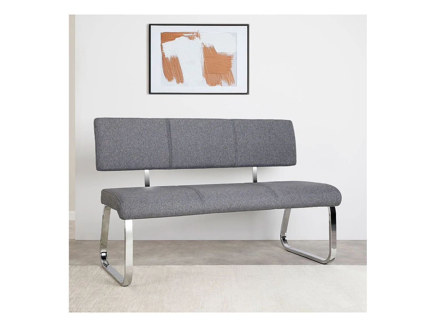 Banc design VILAS siège avec 3 places, banquette au piètement chromé et dossier au revêtement en tissu gris