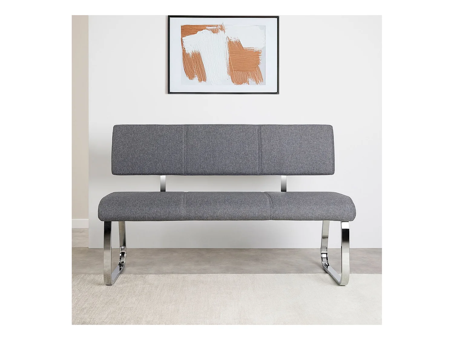 Banc design VILAS siège avec 3 places, banquette au piètement chromé et dossier au revêtement en tissu gris