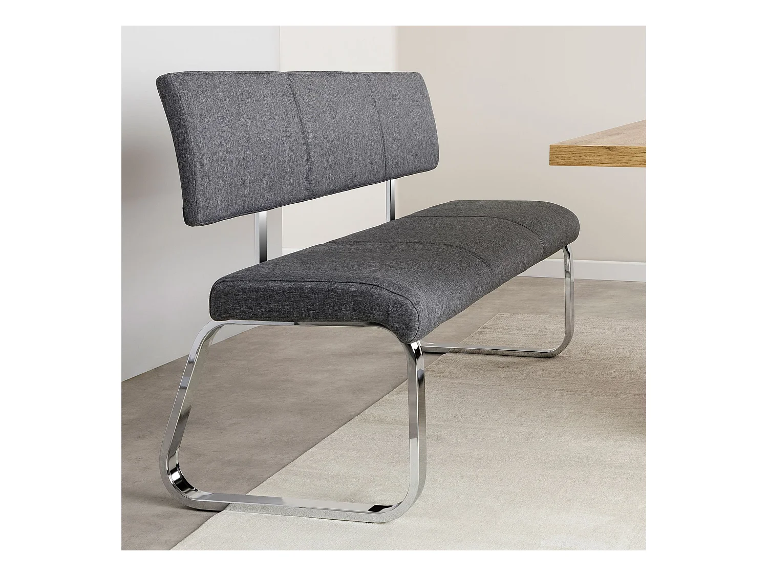 Banc design VILAS siège avec 3 places, banquette au piètement chromé et dossier au revêtement en tissu gris
