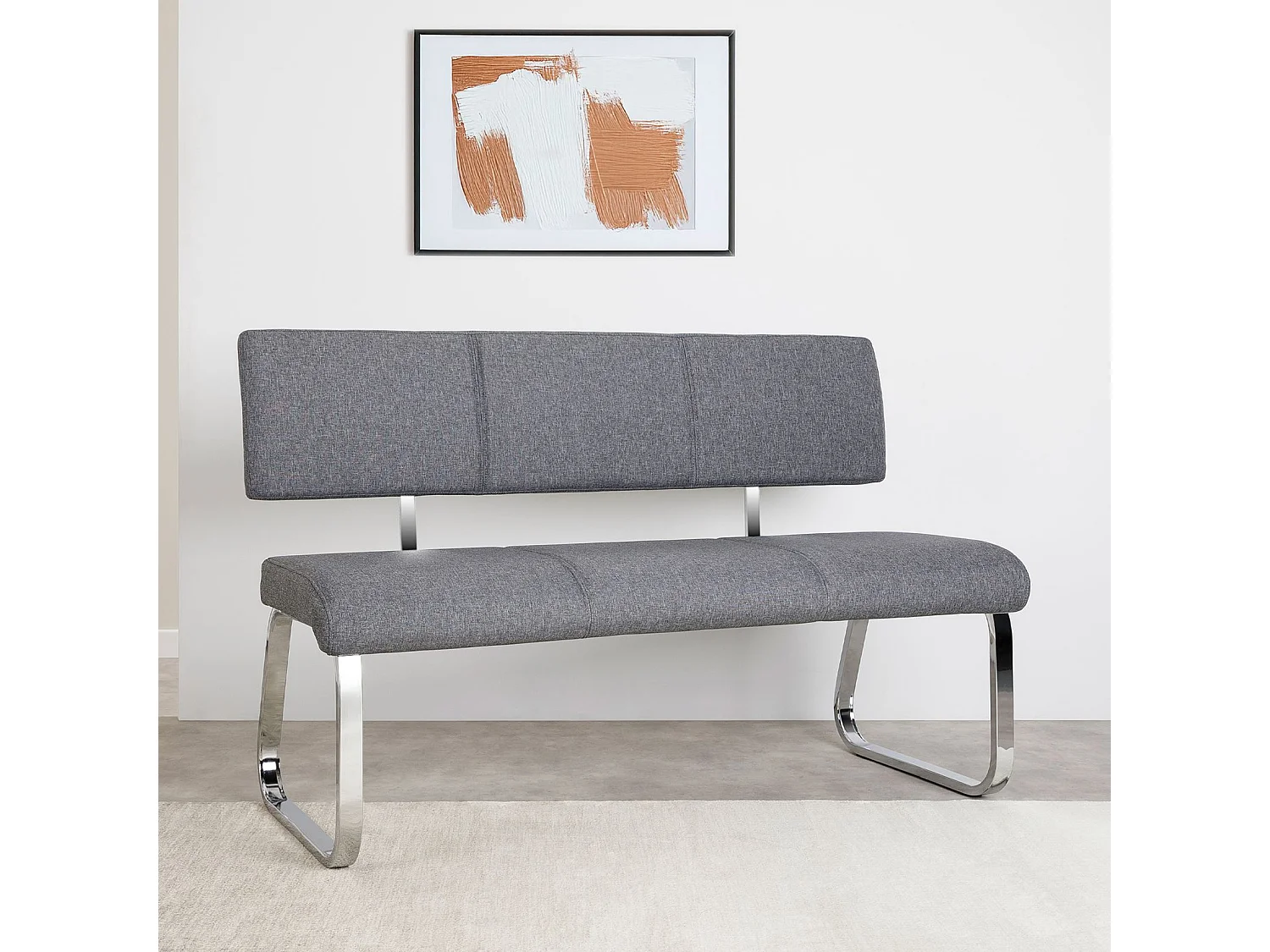 Banc design VILAS siège avec 3 places, banquette au piètement chromé et dossier au revêtement en tissu gris