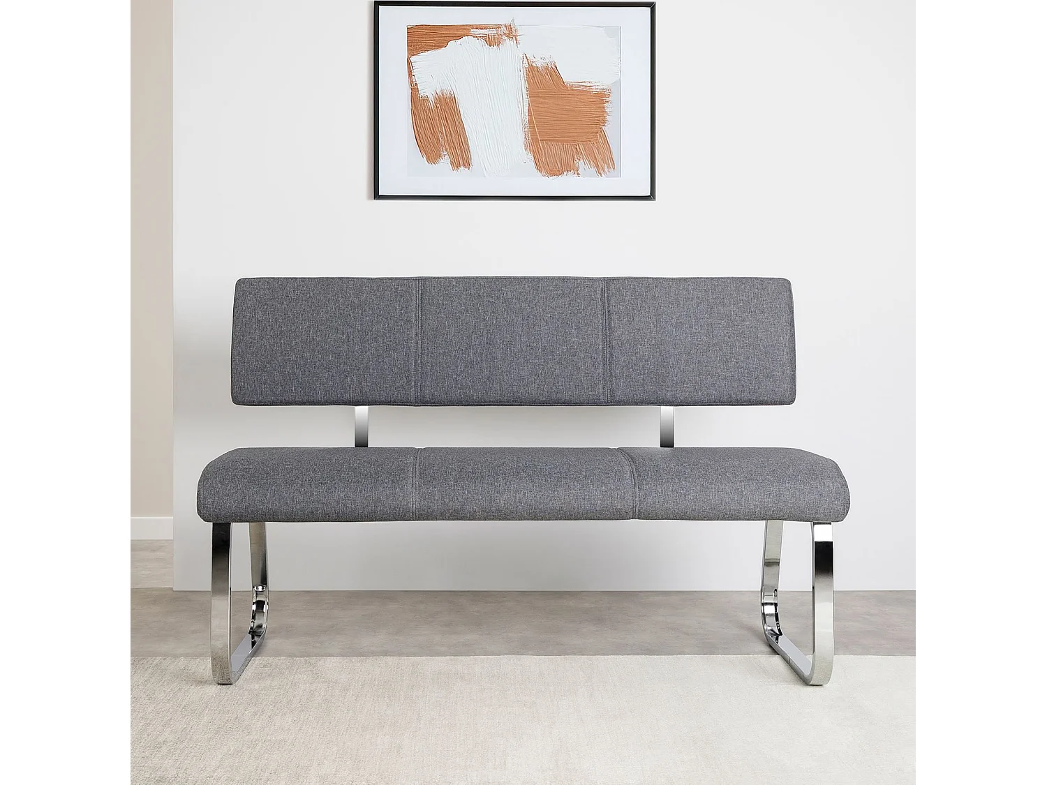 Banc design VILAS siège avec 3 places, banquette au piètement chromé et dossier au revêtement en tissu gris