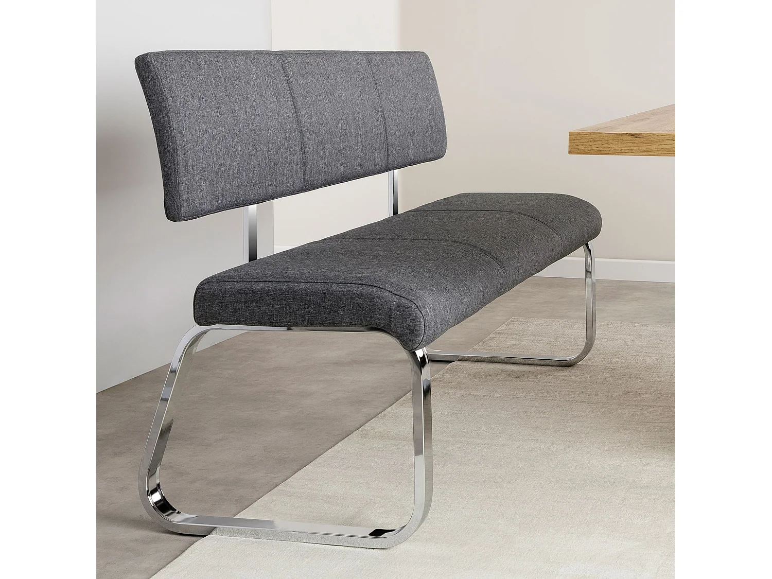 Banc design VILAS siège avec 3 places, banquette au piètement chromé et dossier au revêtement en tissu gris