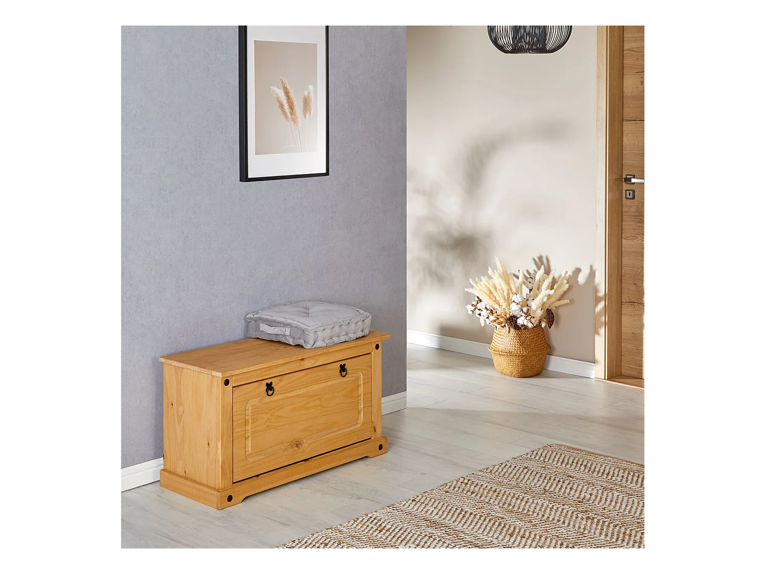 Banc coffre à chaussures TEQUILA style mexicain 1 abattant en pin massif à la finition cirée